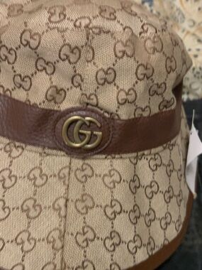 Gucci Beige Canvas GG Monogram Brown Leather Bucket Hat